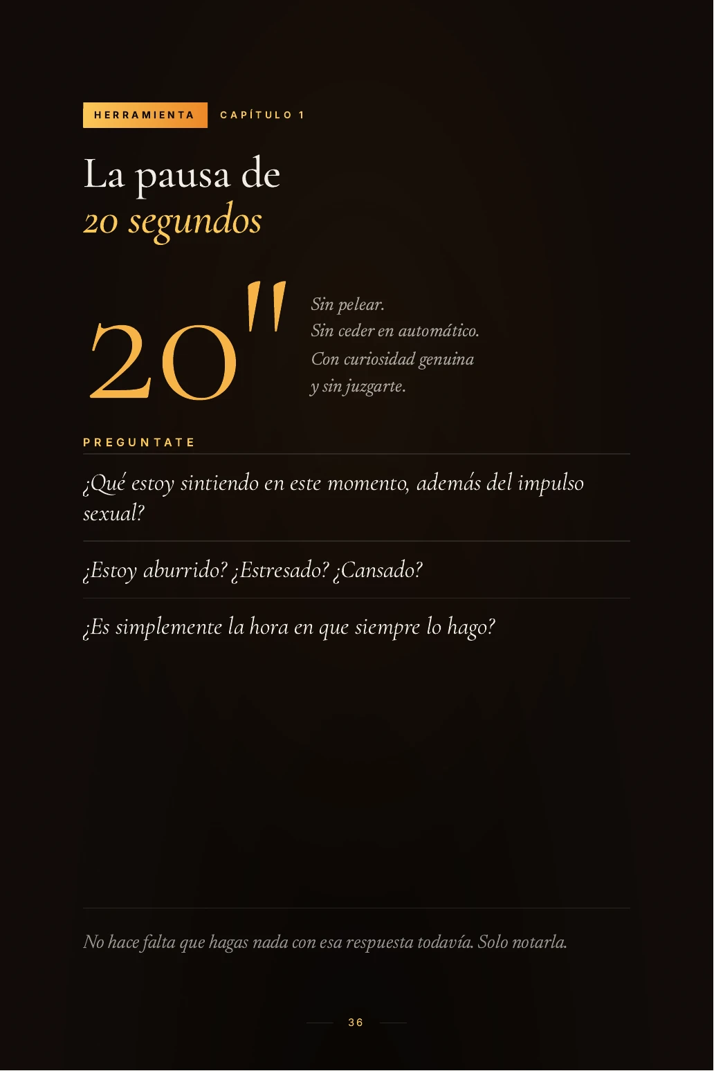 Página 36 del ebook Libera Tu Mente: la pausa de 20 segundos y sus preguntas para reconocer lo que sentís